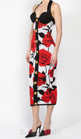 MULTICOLOR HALTERNECK ROSE PRINT MIDI DRESS