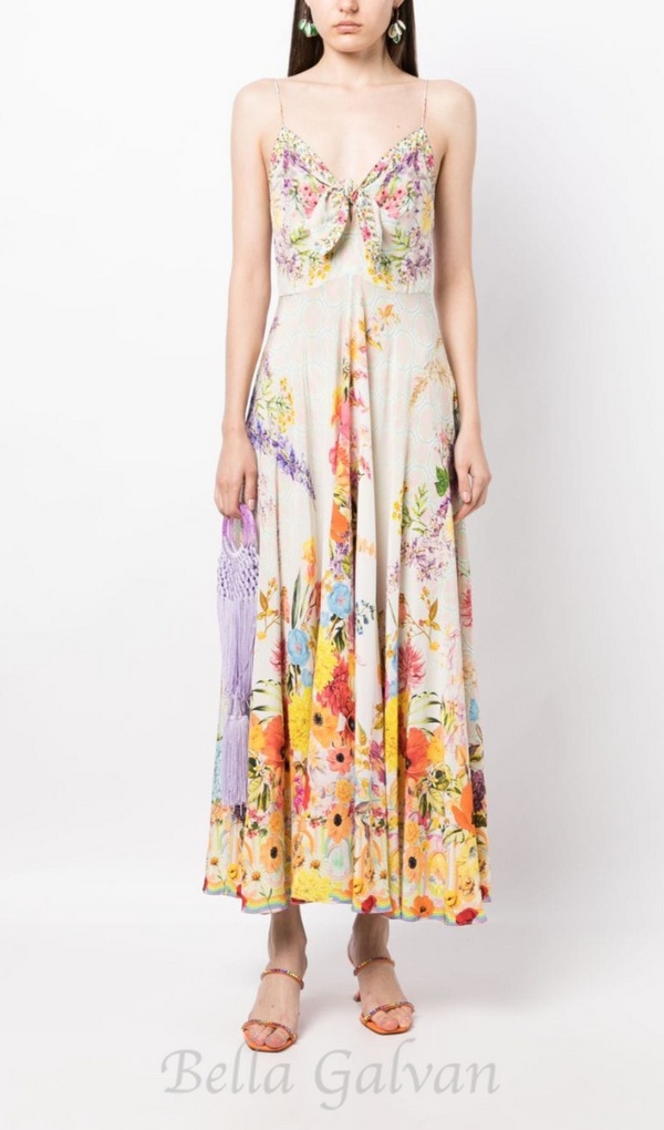 BOW FLORAL-PRINT SILK MIDI DRESS