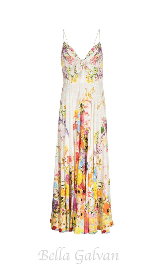 BOW FLORAL-PRINT SILK MIDI DRESS