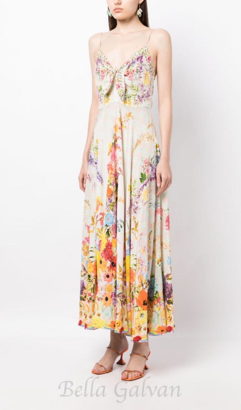 BOW FLORAL-PRINT SILK MIDI DRESS