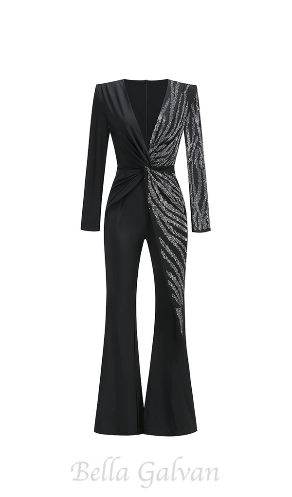 RHINESTONE EMBELLISHED BLAZER JUMPSUIT TWO PIECES SETS IN BLACK