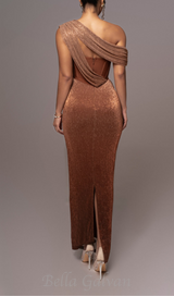 ONE SHOULDER DRAPED GLITTER BROWN CORSET OPEN BACK MAXI DRESS