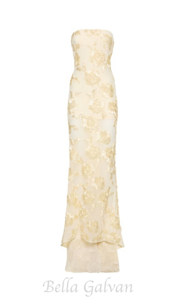 EMBROIDERED STRAPLESS GOWN IN APRICOT