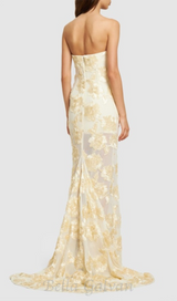 EMBROIDERED STRAPLESS GOWN IN APRICOT