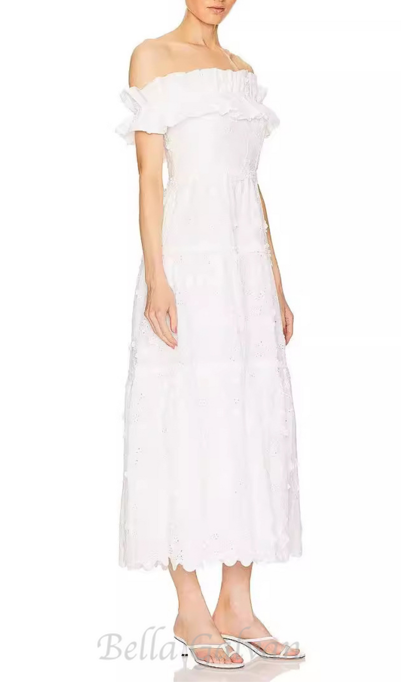 RUFFLE NECKLINE HIGH SPLIT MIDI DRESS IN WHITE