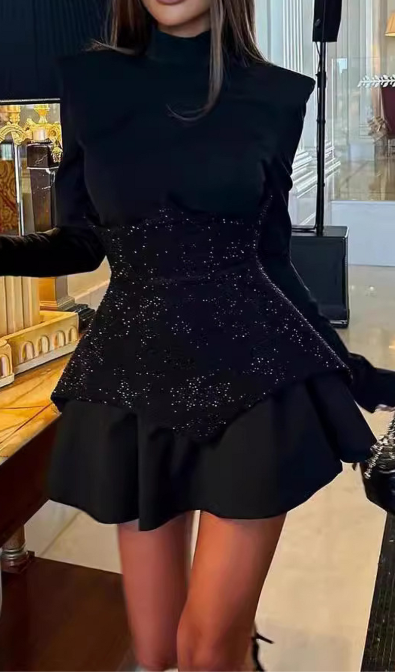 SPLICE SEQUIN MINI DRESS IN BLACK