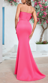 OFF SHOULDER RUFFLE TRIM BODYCON GOWN IN PINK