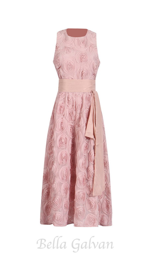 ROSETTE TULLE SATIN WOVEN BELT MIDI DRESS IN PINK