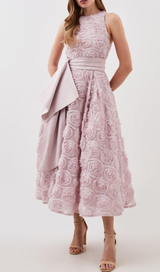 ROSETTE TULLE SATIN WOVEN BELT MIDI DRESS IN PINK