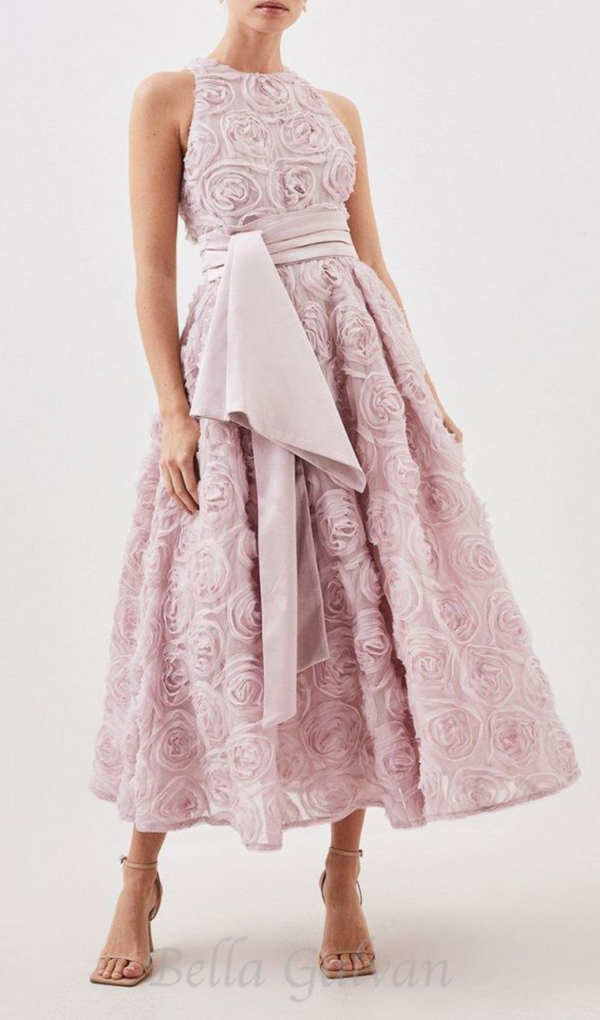 ROSETTE TULLE SATIN WOVEN BELT MIDI DRESS IN PINK