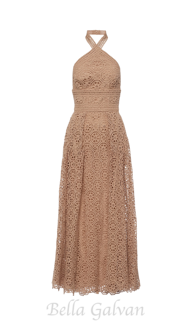 MACRAMÉ HALTERNECK COTTON-BLEND MIDI DRESS IN NUDE