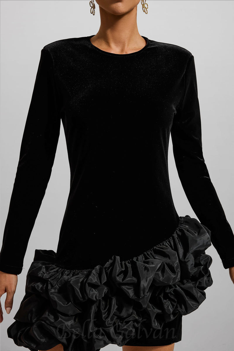 TOBEY VELVET LONG SLEEVE RUFFLE MINI DRESS IN BLACK