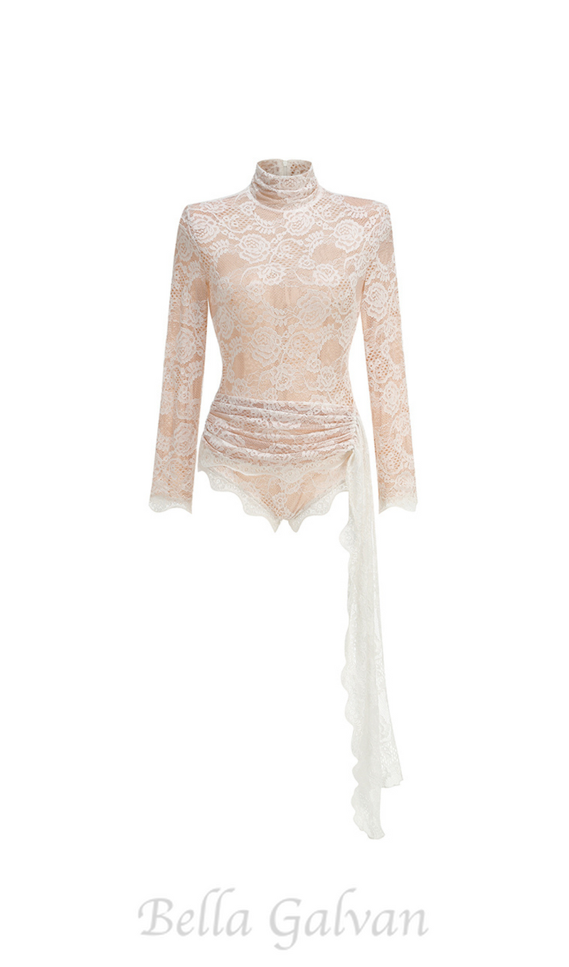 ZANNA WHITE HIGH NECK EMBROIDERED LACE BODYSUIT