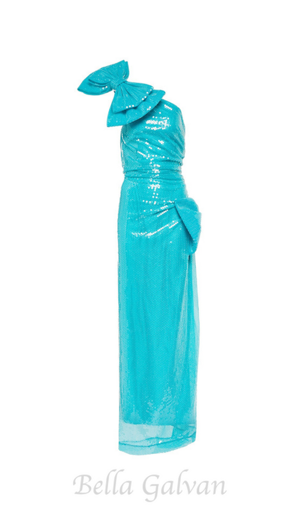 One Shoulder Bow Sequin Maxi Dress in blue