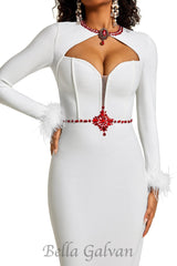 Rhinestone Cut-Out Feather Midi Dress in white