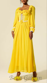 Chiffon 3D Flower Long Sleeve Midi Dress in yellow