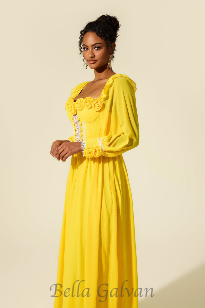 Chiffon 3D Flower Long Sleeve Midi Dress in yellow