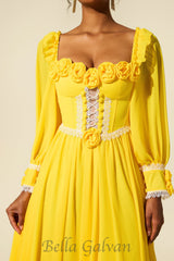 Chiffon 3D Flower Long Sleeve Midi Dress in yellow