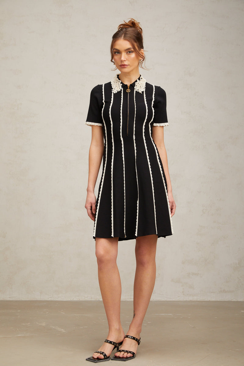 Zazie black vertical-striped ruffle-trim knit mini dress