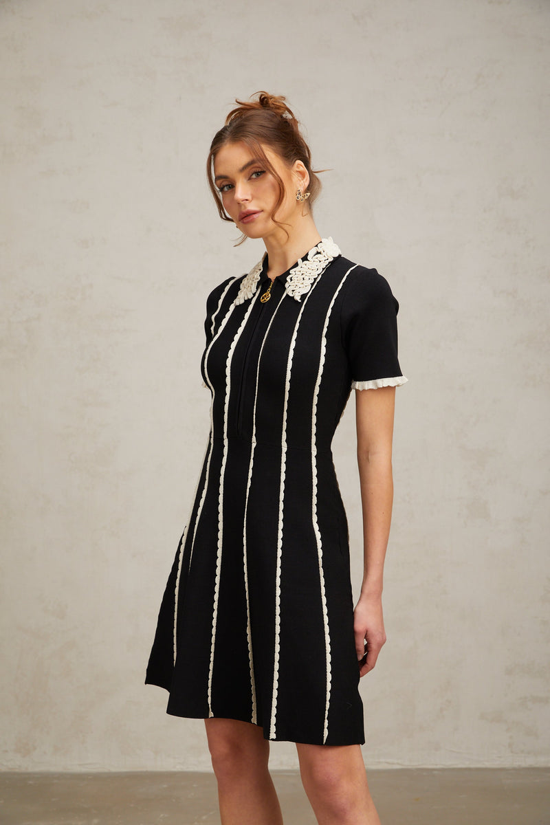 Zazie black vertical-striped ruffle-trim knit mini dress