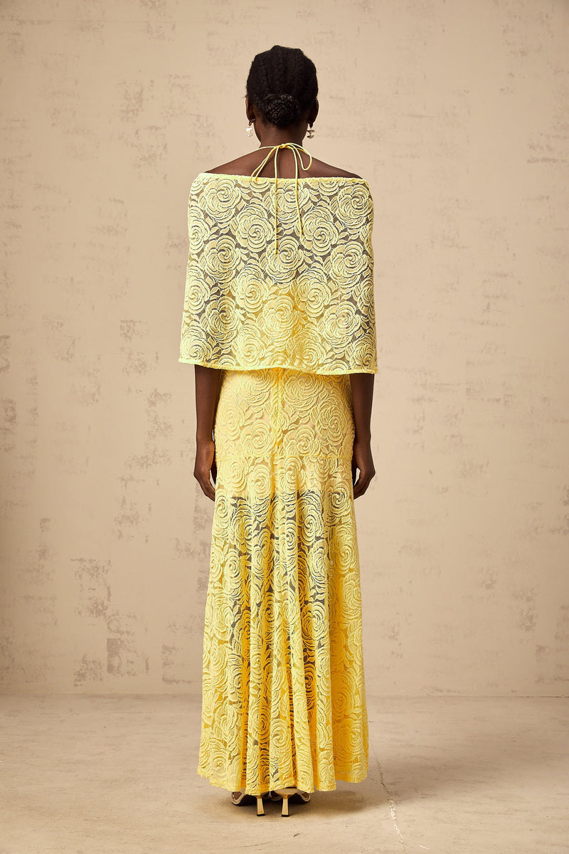 Ursula yellow cape-design chantilly-lace maxi dress