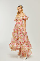 FRUIT-PRINT RUFFLED MAXI DRESS IN PINK