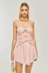 CUT-OUT PLEATED OFF-SHOULDER MINI DRESS IN PINK