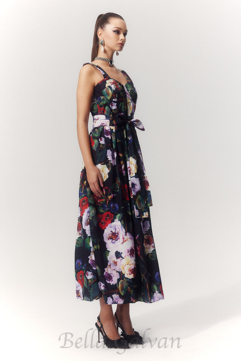 TRUDA MULTICOLOR FLORAL PRINTED MIDI DRESS