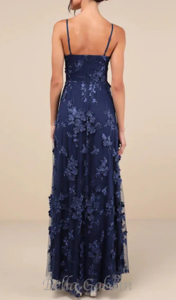 Rare Presence Navy Blue 3D Floral Surplice Maxi Dress