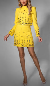 YELLOW HEAVY INDUSTRY CRYSTAL BEADS SET SEXY SHORT TOP & DRESS