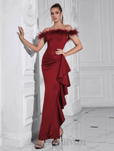 Draped Sheath feather detail maxi Dress in red