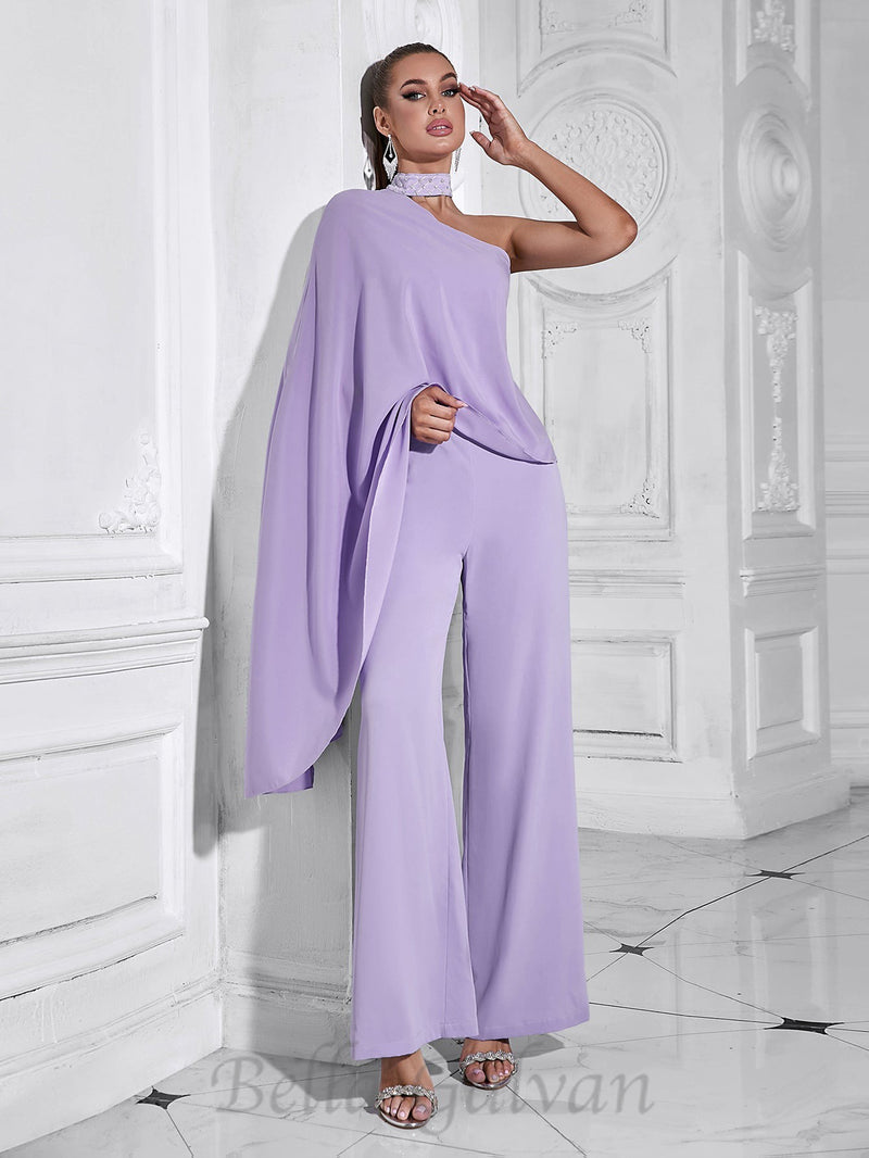 halter shawl jumpsuit in purple