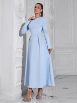 long sleeve satin a-line maxi dress in blue