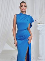 pleated high slit maxi dress in blue