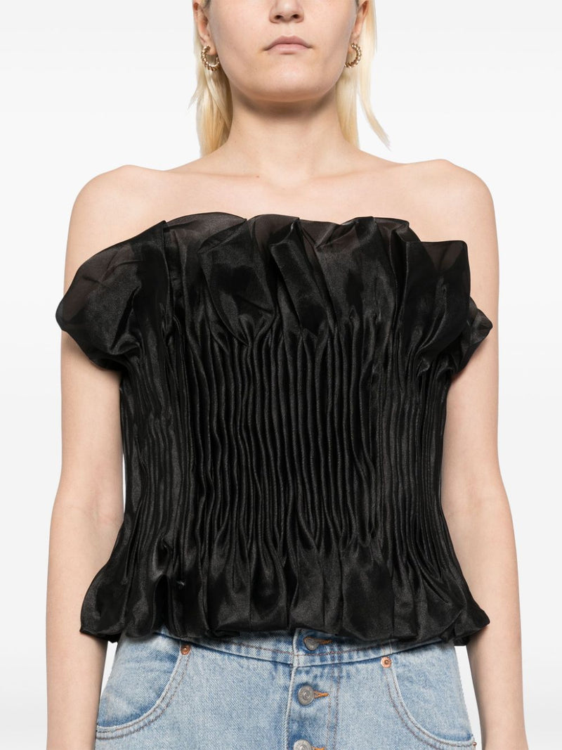 print ruffle trim top in black