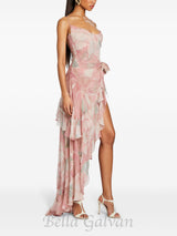 ZORA PINK FLORAL-PRINT RUFFLED SILK MIDI DRESS