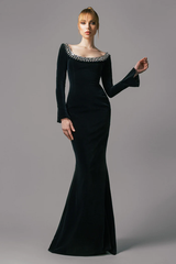 black crepe gown with crystal neckline