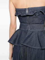 SIGRID PEPLUM-WAIST DENIM JUMPSUIT IN NAVY BLUE