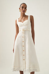 sweetheart neckline belted midi dress in ivory