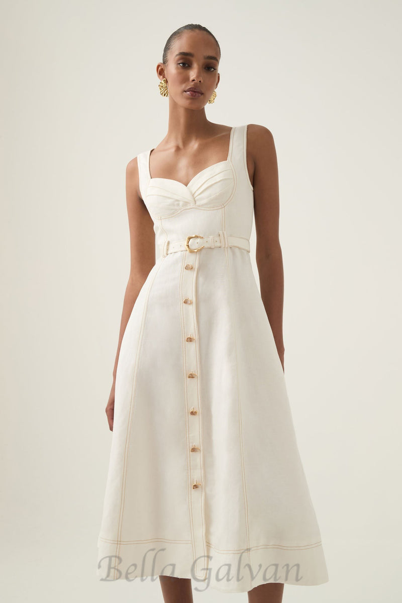 sweetheart neckline belted midi dress in ivory