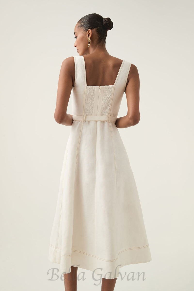 sweetheart neckline belted midi dress in ivory