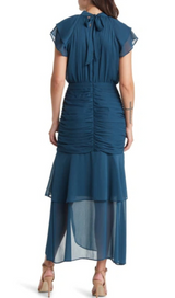 Ruched Ruffle Chiffon Maxi Dress In Teal