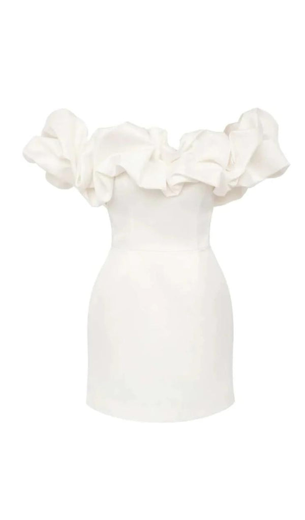 WHITE OFF SHOULDER FRILL MINI BODYCON DRESS