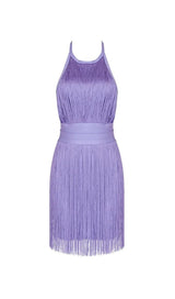 PURPLE HALTER TASSEL BACKLESS MINI DRESS