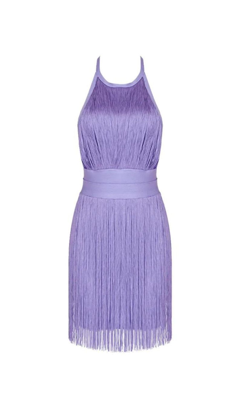 PURPLE HALTER TASSEL BACKLESS MINI DRESS