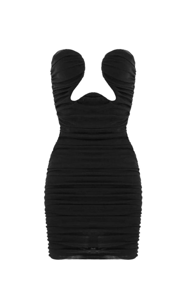 BLACK STRAPLESS RUCHED MINI DRESS