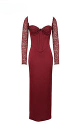 satin corset maxi dress in burgundy