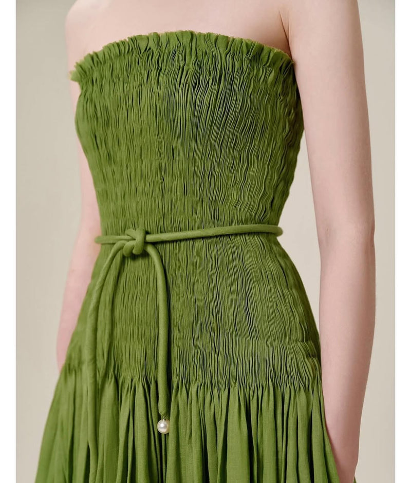 pleated belt chiffon strapless maxi dress in green