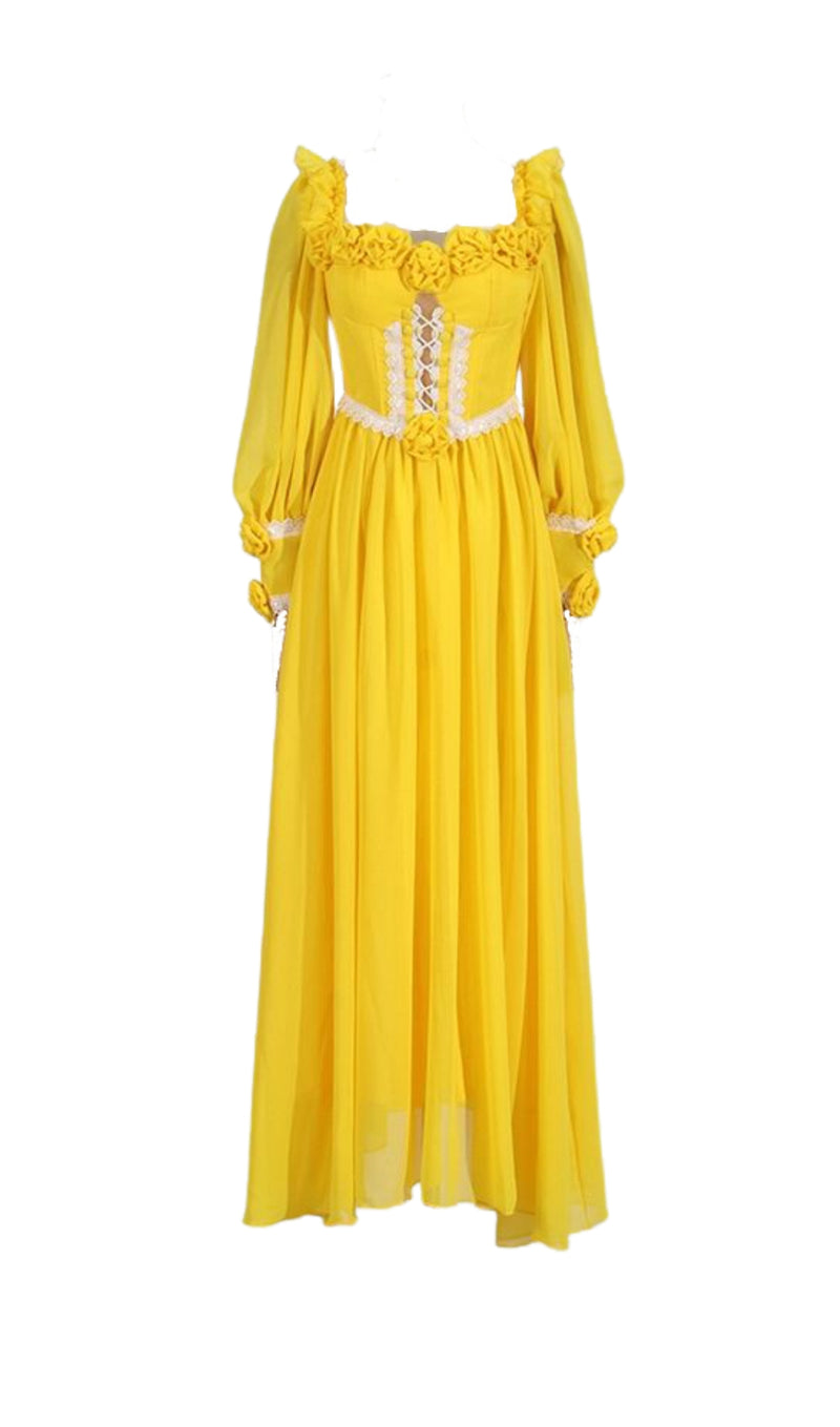 Chiffon 3D Flower Long Sleeve Midi Dress in yellow