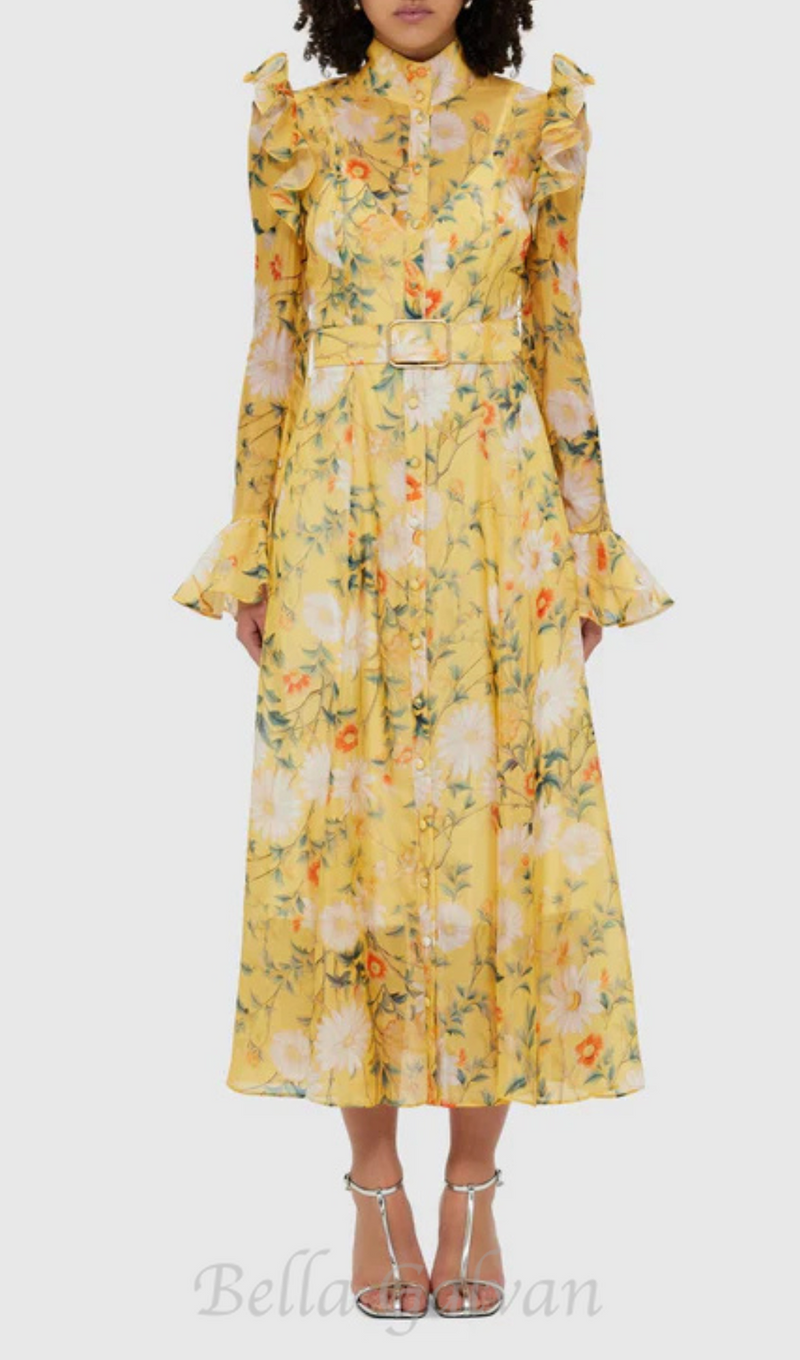 Daisy Print Butterfly Sleeve Midi Dress in yellow